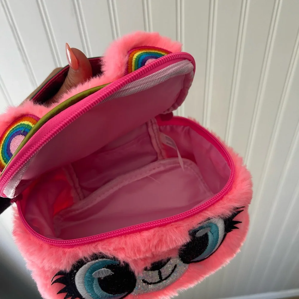 ⭐️ NEW Claire's Pink Furry Animal Pouch Bag Rainbow Ears iridescent